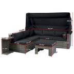 Ensemble de mobilier de patio 7 pièces avec auvent rétractable, canapé d'angle en rotin, coussins lavables, rotin gris + coussins noirs