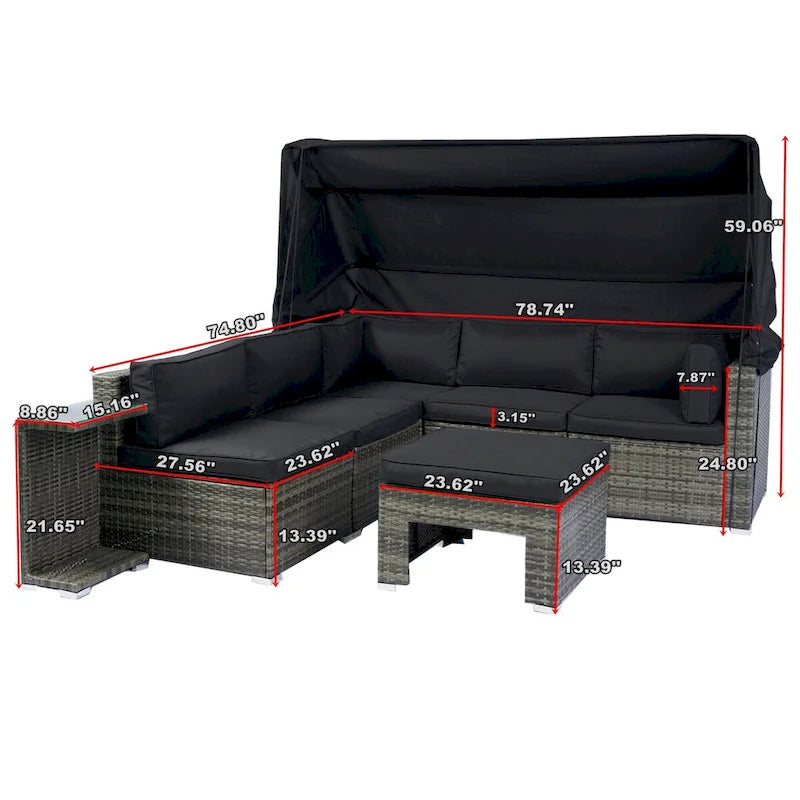 Ensemble de mobilier de patio 7 pièces avec auvent rétractable, canapé d'angle en rotin, coussins lavables, rotin gris + coussins noirs