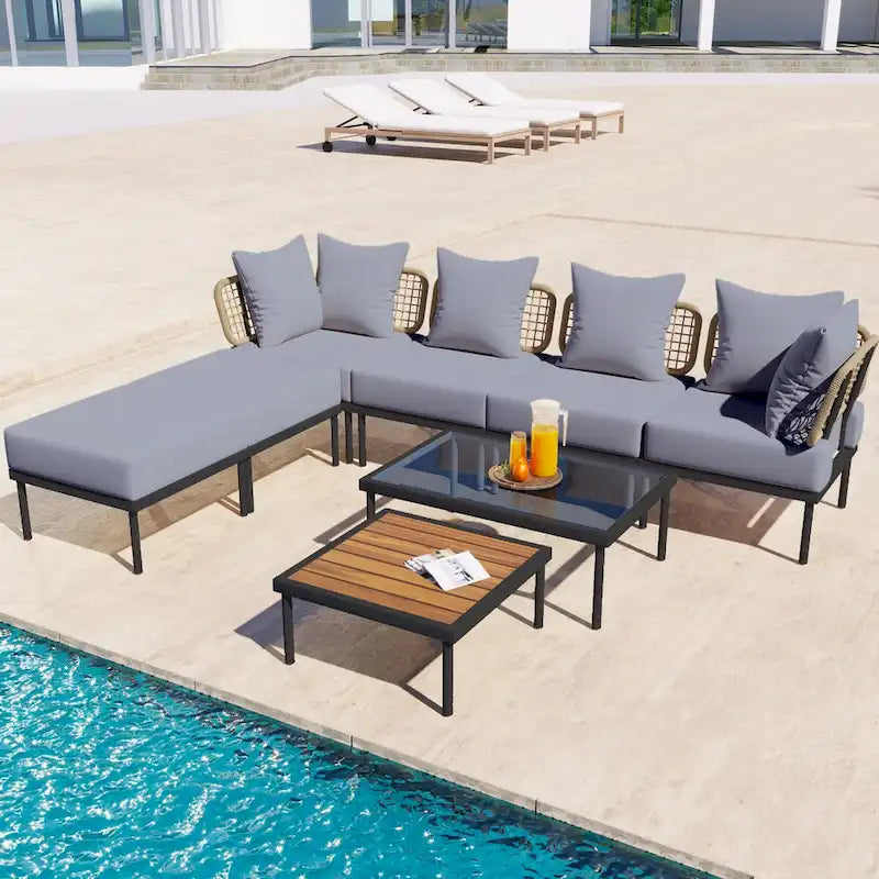 Ensemble de canapé d'angle de terrasse 8 pièces avec table basse en verre trempé