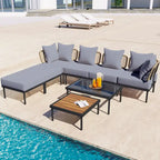 Ensemble de canapé d'angle de terrasse 8 pièces avec table basse en verre trempé