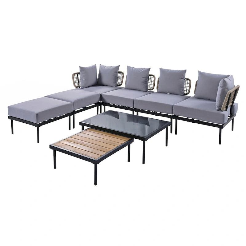 Ensemble de canapé d'angle de terrasse 8 pièces avec table basse en verre trempé