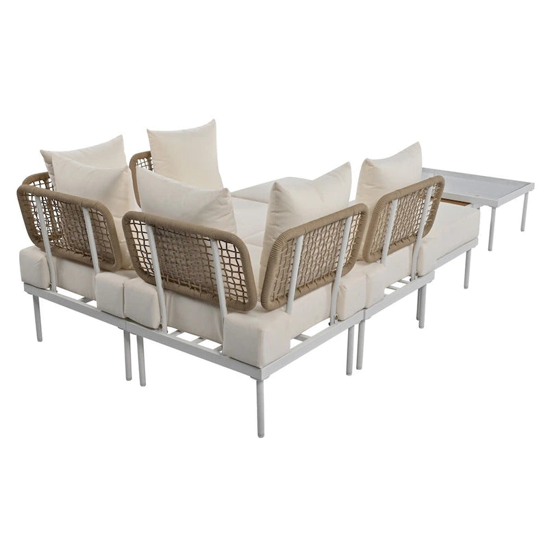 Ensemble de canapé d'angle de terrasse 8 pièces avec table basse en verre trempé
