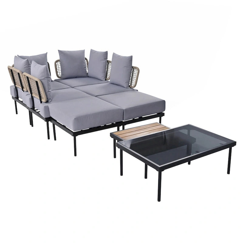 Ensemble de canapé d'angle de terrasse 8 pièces avec table basse en verre trempé