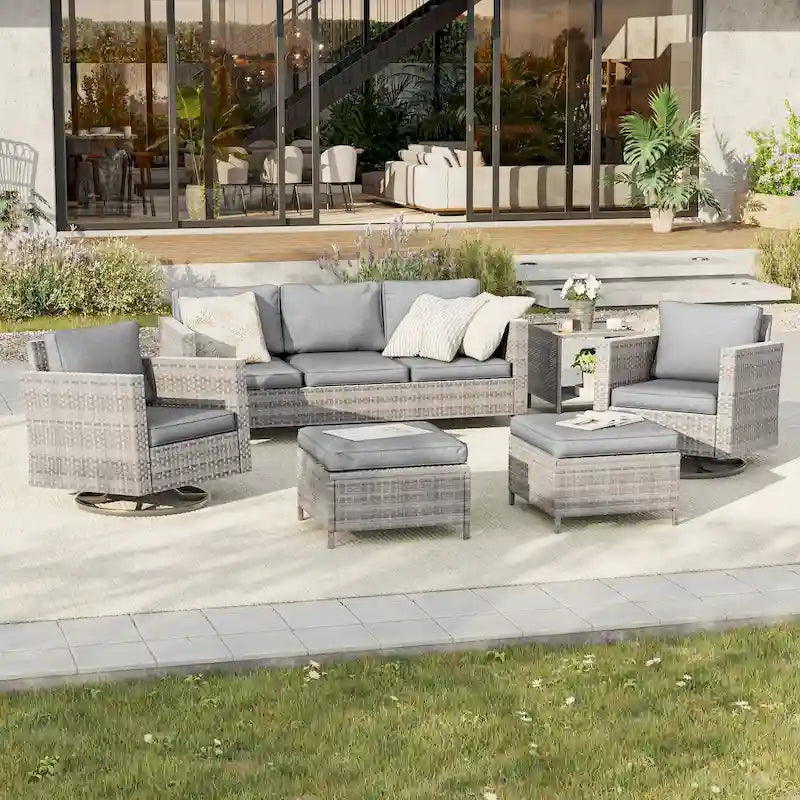 BONOSUKI Salon de jardin pivotant 6 pièces en rotin marron avec table d'appoint