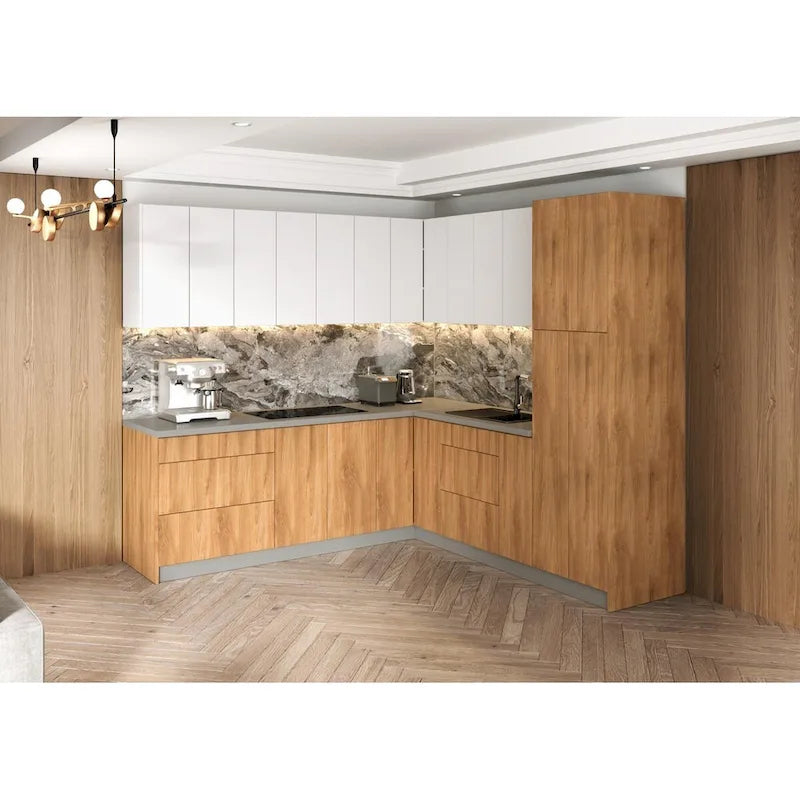 Ensemble de meubles de cuisine en panneaux de particules (Tan/Argent/Blanc/Noir) avec portes et tiroirs à fermeture douce