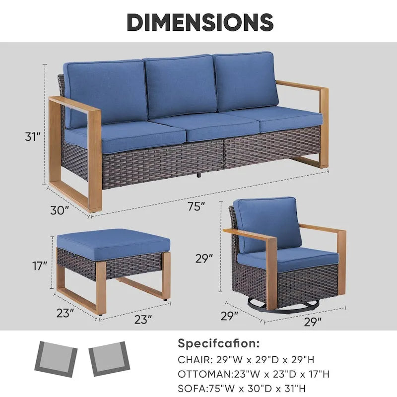 Canapé et fauteuil pivotant en rotin PE, 2 poufs - Marron