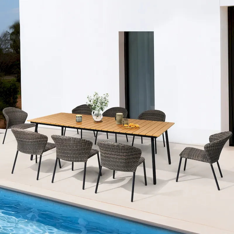 Ensemble de salle à manger d'extérieur – Table à manger en aluminium avec chaises empilables en rotin PE – Ensemble de 9 pièces