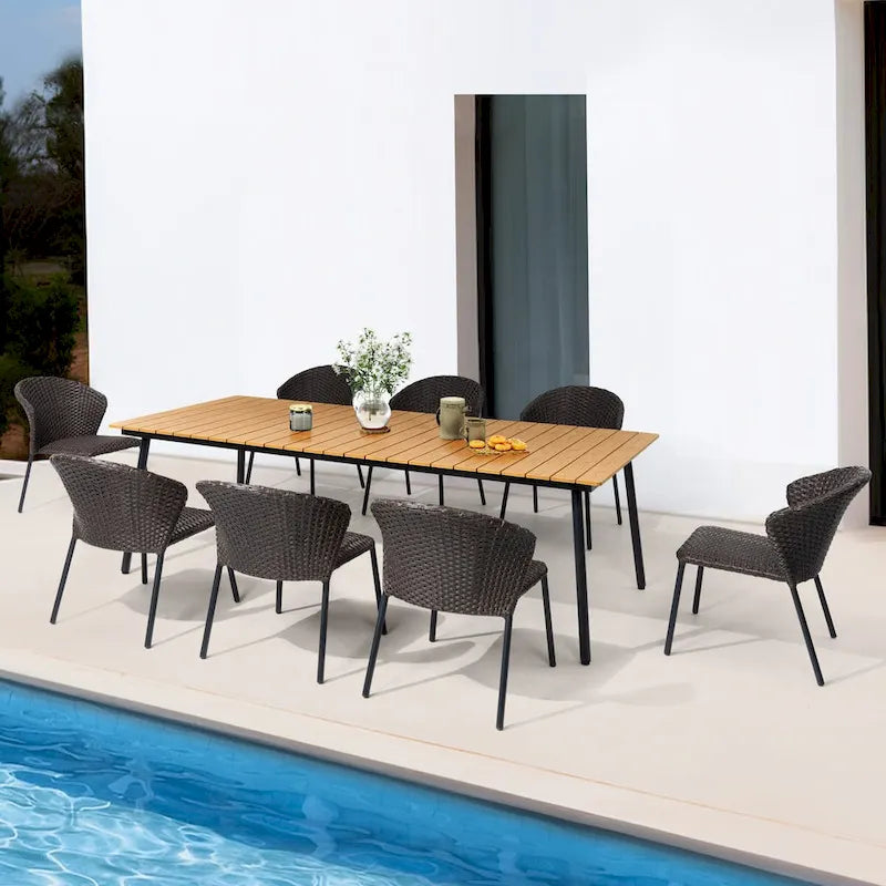 Ensemble de salle à manger d'extérieur – Table à manger en aluminium avec chaises empilables en rotin PE – Ensemble de 9 pièces