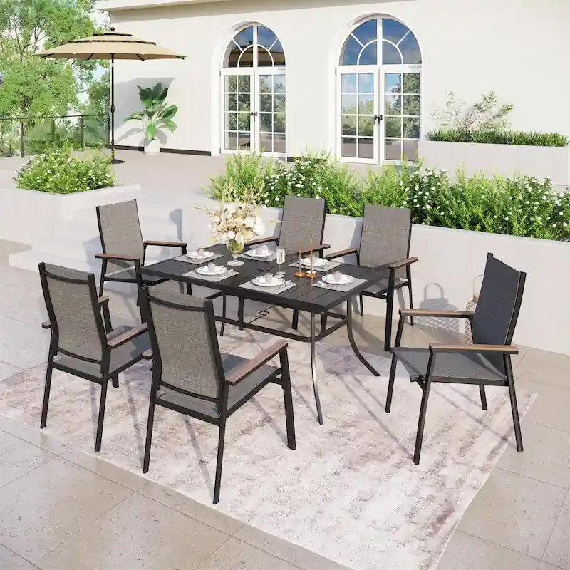 MAISONARTS Ensemble de repas 7 pièces pour patio, 6 chaises de salle à manger en textilène et aluminium et 1 table en métal avec trou pour parasol de 2,6 m