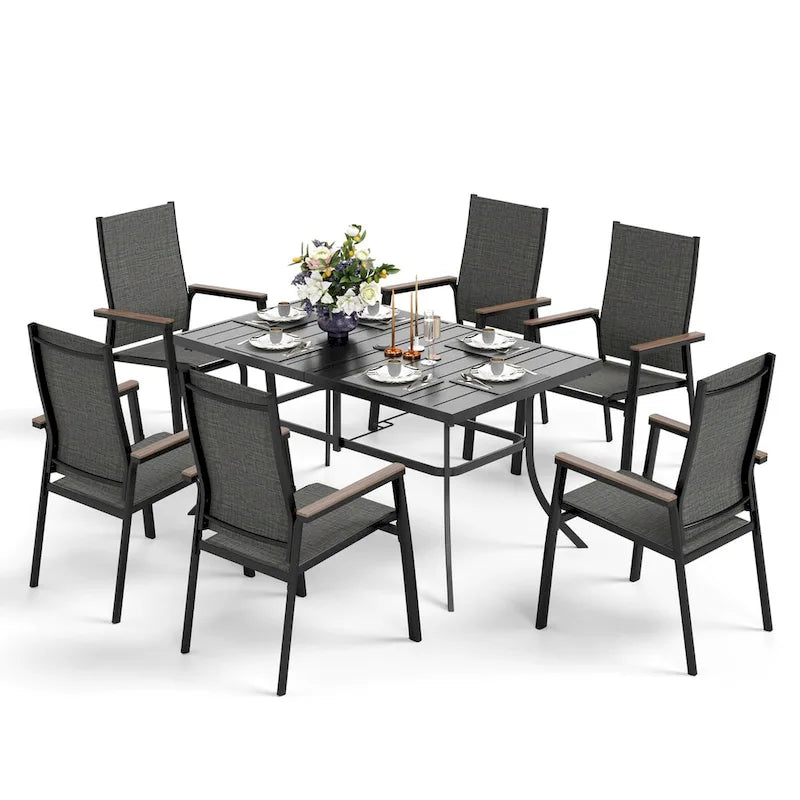 MAISONARTS Ensemble de repas 7 pièces pour patio, 6 chaises de salle à manger en textilène et aluminium et 1 table en métal avec trou pour parasol de 2,6 m