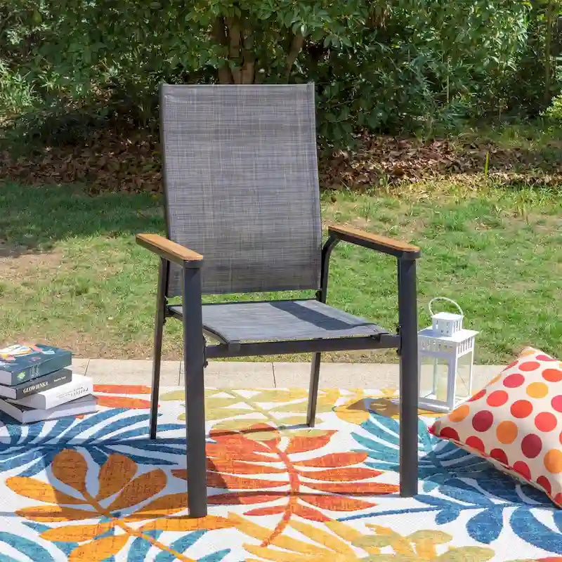 MAISONARTS Ensemble de repas 7 pièces pour patio, 6 chaises de salle à manger en textilène et aluminium et 1 table en métal avec trou pour parasol de 2,6 m