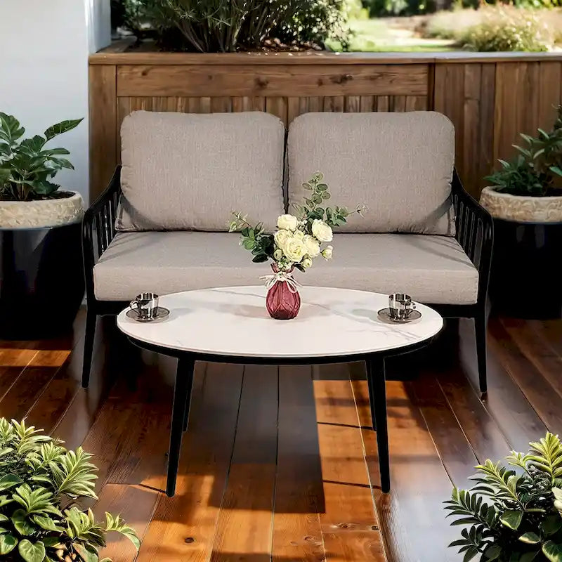 Ensemble de conversation d'extérieur moderne : Causeuse en aluminium et table basse ovale Ember Black