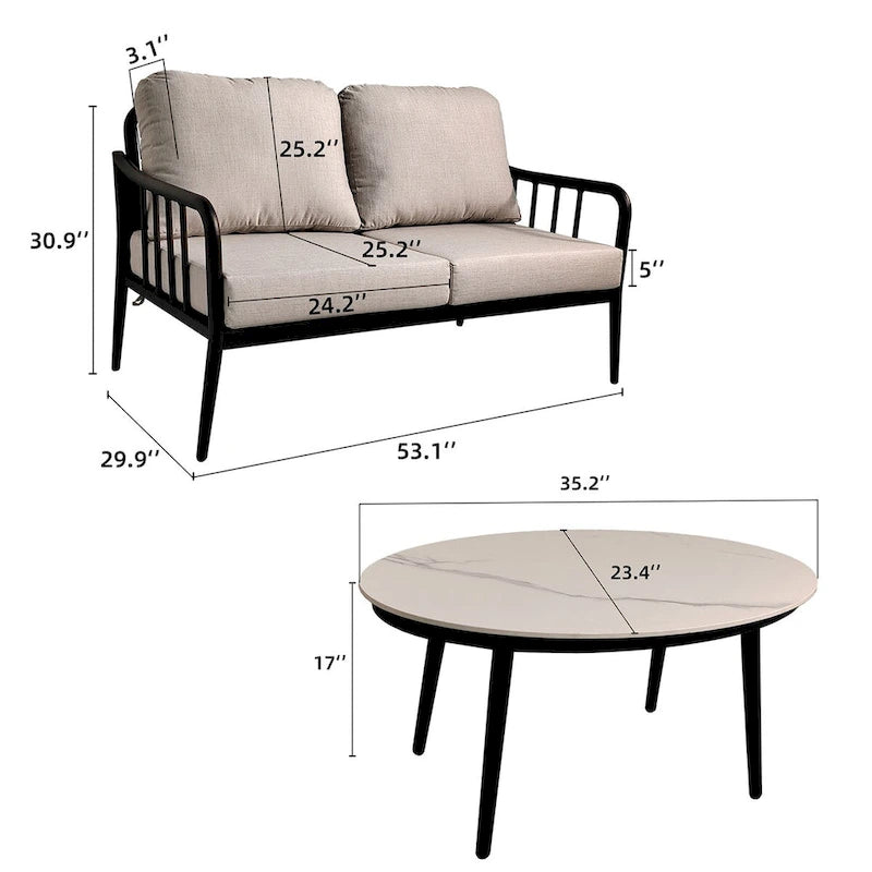 Ensemble de conversation d'extérieur moderne : Causeuse en aluminium et table basse ovale Ember Black