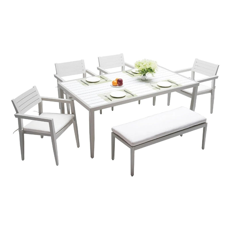 Ensemble de salle à manger d'extérieur 6 pièces en aluminium blanc mat avec coussins gris et trou pour parasol