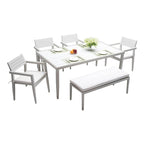 Ensemble de salle à manger d'extérieur 6 pièces en aluminium blanc mat avec coussins gris et trou pour parasol