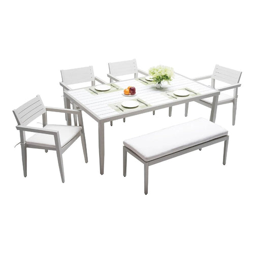 Ensemble de salle à manger d'extérieur 6 pièces en aluminium blanc mat avec coussins gris et trou pour parasol