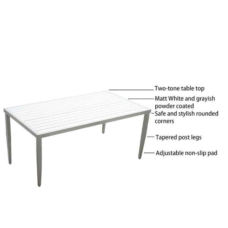 Ensemble de salle à manger d'extérieur 6 pièces en aluminium blanc mat avec coussins gris et trou pour parasol