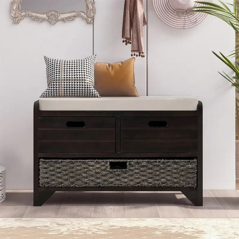 Banc de rangement en bois d'acacia lavé blanc/expresso/bleu marine/blanc avec 2 tiroirs et panier amovible, 1 place