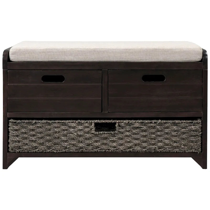 Banc de rangement en bois d'acacia lavé blanc/expresso/bleu marine/blanc avec 2 tiroirs et panier amovible, 1 place