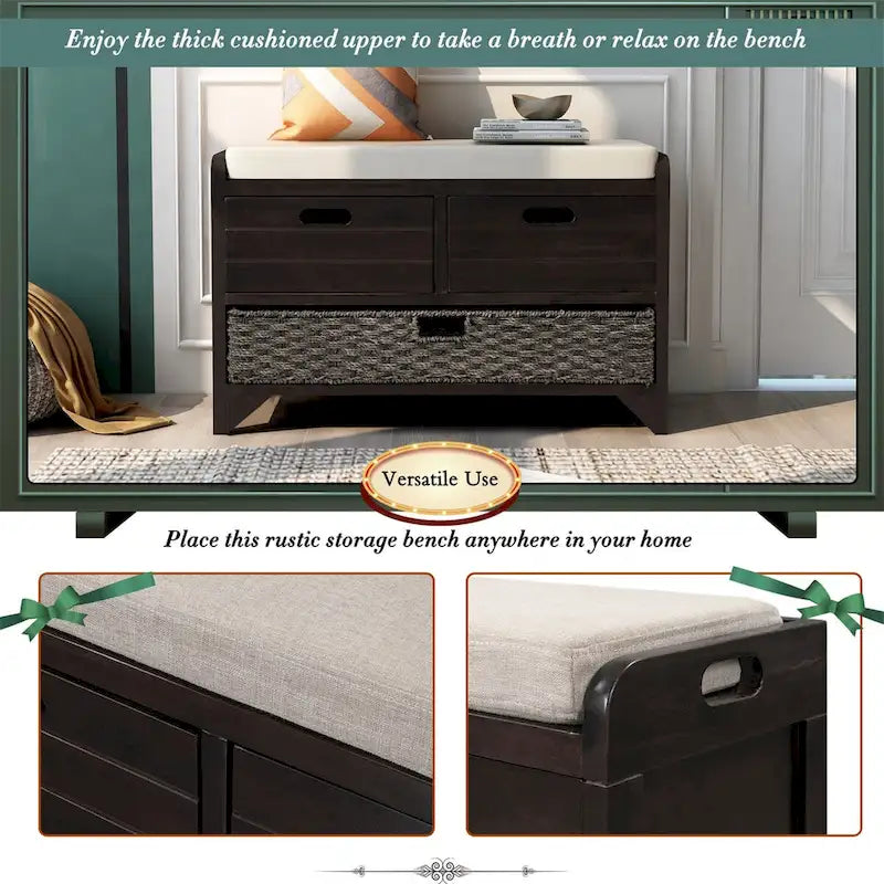Banc de rangement en bois d'acacia lavé blanc/expresso/bleu marine/blanc avec 2 tiroirs et panier amovible, 1 place