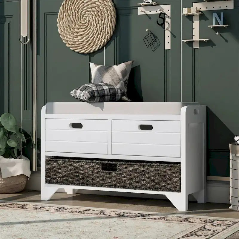 Banc de rangement en bois d'acacia lavé blanc/expresso/bleu marine/blanc avec 2 tiroirs et panier amovible, 1 place