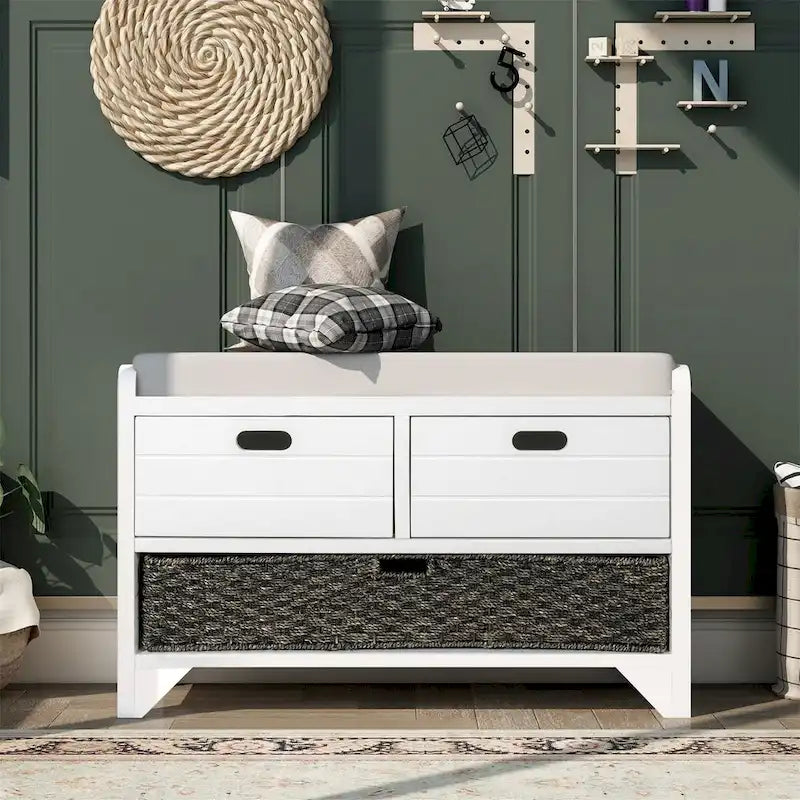 Banc de rangement en bois d'acacia lavé blanc/expresso/bleu marine/blanc avec 2 tiroirs et panier amovible, 1 place