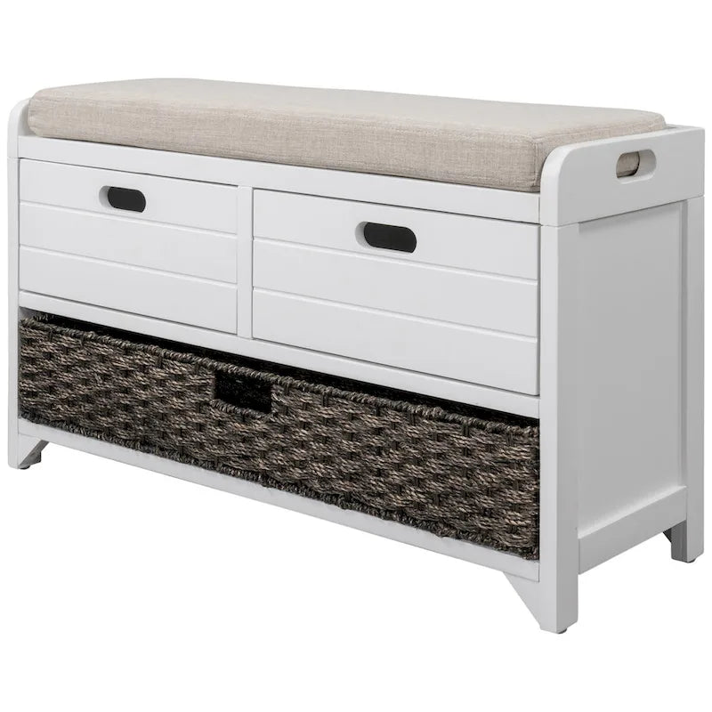 Banc de rangement en bois d'acacia lavé blanc/expresso/bleu marine/blanc avec 2 tiroirs et panier amovible, 1 place