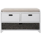 Banc de rangement en bois d'acacia lavé blanc/expresso/bleu marine/blanc avec 2 tiroirs et panier amovible, 1 place