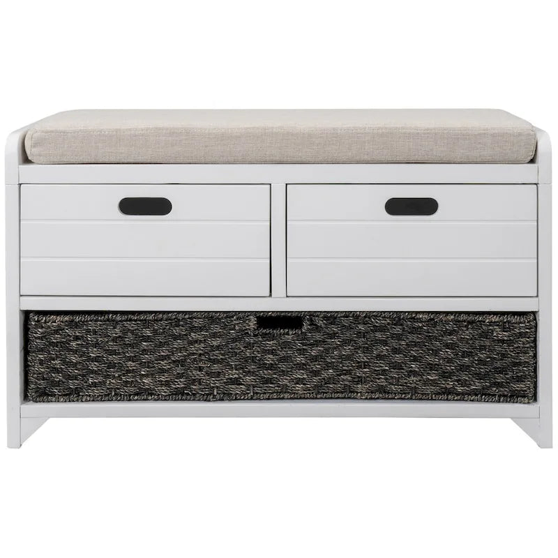Banc de rangement en bois d'acacia lavé blanc/expresso/bleu marine/blanc avec 2 tiroirs et panier amovible, 1 place