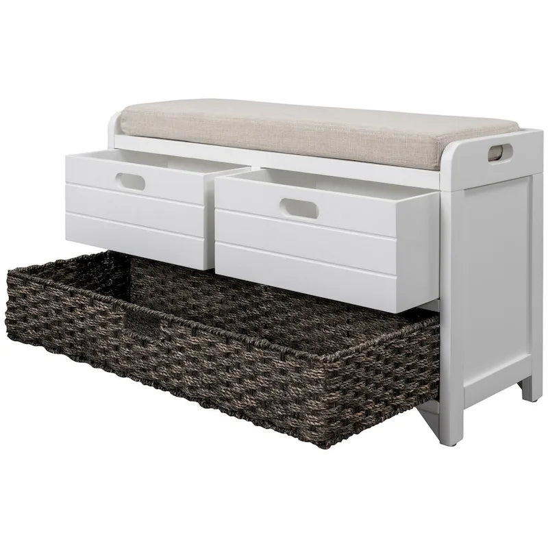 Banc de rangement en bois d'acacia lavé blanc/expresso/bleu marine/blanc avec 2 tiroirs et panier amovible, 1 place