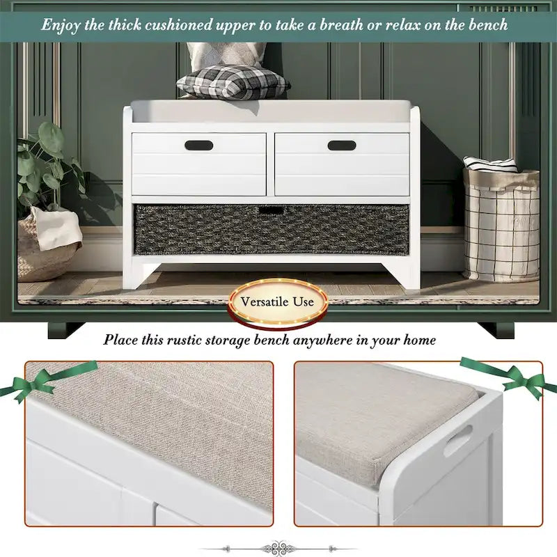 Banc de rangement en bois d'acacia lavé blanc/expresso/bleu marine/blanc avec 2 tiroirs et panier amovible, 1 place