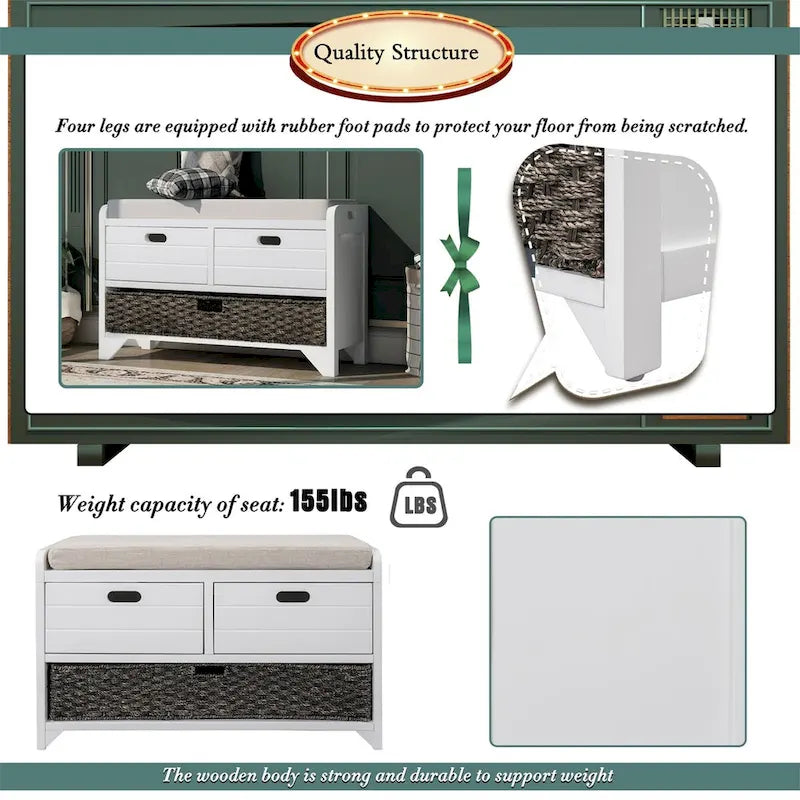 Banc de rangement en bois d'acacia lavé blanc/expresso/bleu marine/blanc avec 2 tiroirs et panier amovible, 1 place