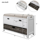 Banc de rangement en bois d'acacia lavé blanc/expresso/bleu marine/blanc avec 2 tiroirs et panier amovible, 1 place