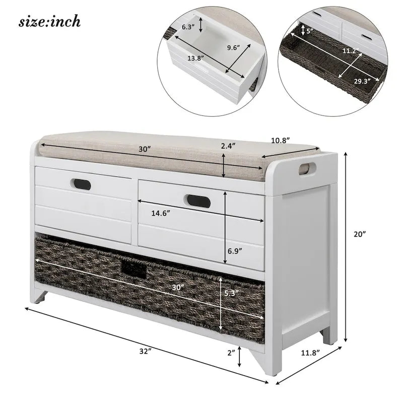 Banc de rangement en bois d'acacia lavé blanc/expresso/bleu marine/blanc avec 2 tiroirs et panier amovible, 1 place