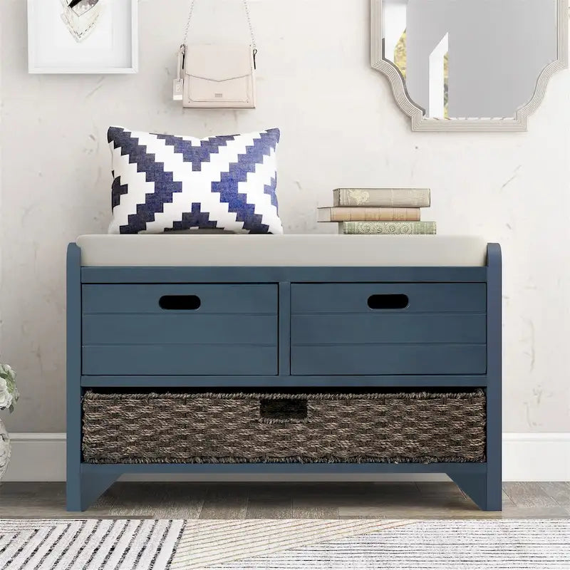 Banc de rangement en bois d'acacia lavé blanc/expresso/bleu marine/blanc avec 2 tiroirs et panier amovible, 1 place