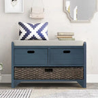 Banc de rangement en bois d'acacia lavé blanc/expresso/bleu marine/blanc avec 2 tiroirs et panier amovible, 1 place