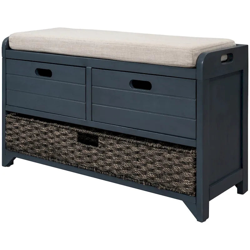 Banc de rangement en bois d'acacia lavé blanc/expresso/bleu marine/blanc avec 2 tiroirs et panier amovible, 1 place
