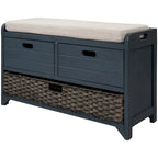 Banc de rangement en bois d'acacia lavé blanc/expresso/bleu marine/blanc avec 2 tiroirs et panier amovible, 1 place