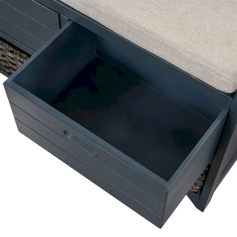 Banc de rangement en bois d'acacia lavé blanc/expresso/bleu marine/blanc avec 2 tiroirs et panier amovible, 1 place