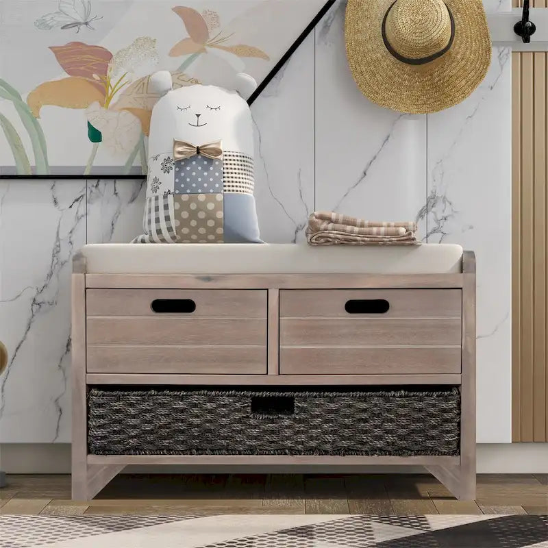 Banc de rangement en bois d'acacia lavé blanc/expresso/bleu marine/blanc avec 2 tiroirs et panier amovible, 1 place