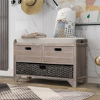 Banc de rangement en bois d'acacia lavé blanc/expresso/bleu marine/blanc avec 2 tiroirs et panier amovible, 1 place
