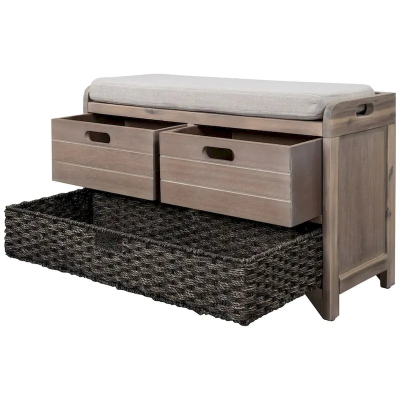 Banc de rangement en bois d'acacia lavé blanc/expresso/bleu marine/blanc avec 2 tiroirs et panier amovible, 1 place