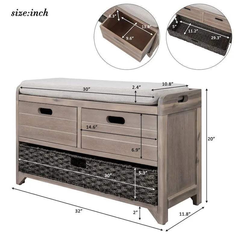 Banc de rangement en bois d'acacia lavé blanc/expresso/bleu marine/blanc avec 2 tiroirs et panier amovible, 1 place