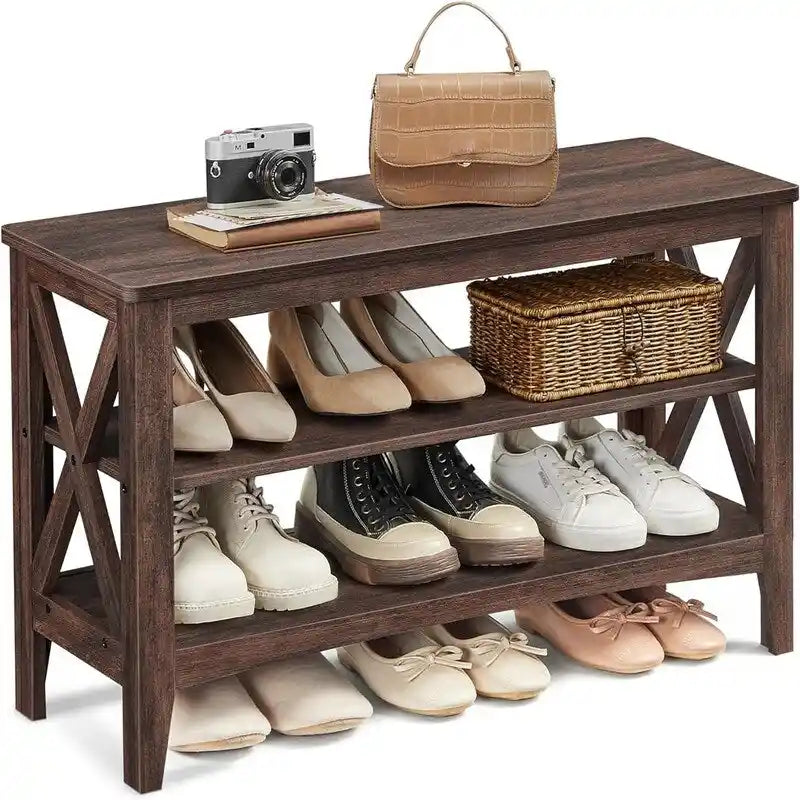 Banc à chaussures 2 niveaux en panneaux de particules marron-rouge/marron miel avec cadre en acier, 1 place