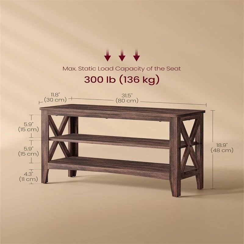 Banc à chaussures 2 niveaux en panneaux de particules marron-rouge/marron miel avec cadre en acier, 1 place