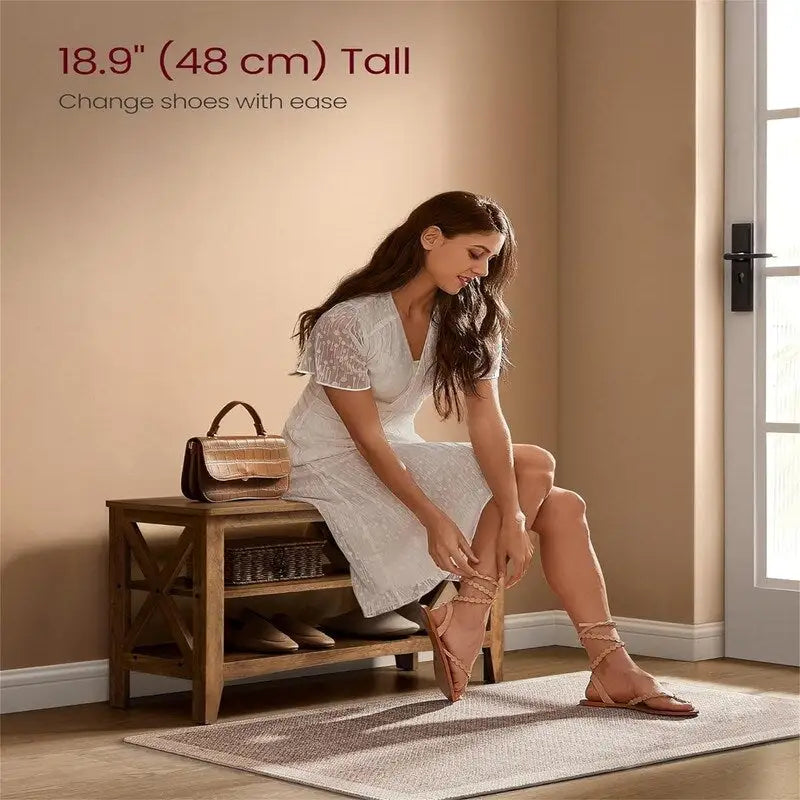 Banc à chaussures 2 niveaux en panneaux de particules marron-rouge/marron miel avec cadre en acier, 1 place