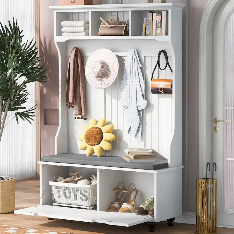 Meuble d'entrée en MDF blanc/noir avec banc capitonné, 4 patères, 3 niches et 2 placards
