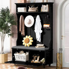 Meuble d'entrée en MDF blanc/noir avec banc capitonné, 4 patères, 3 niches et 2 placards