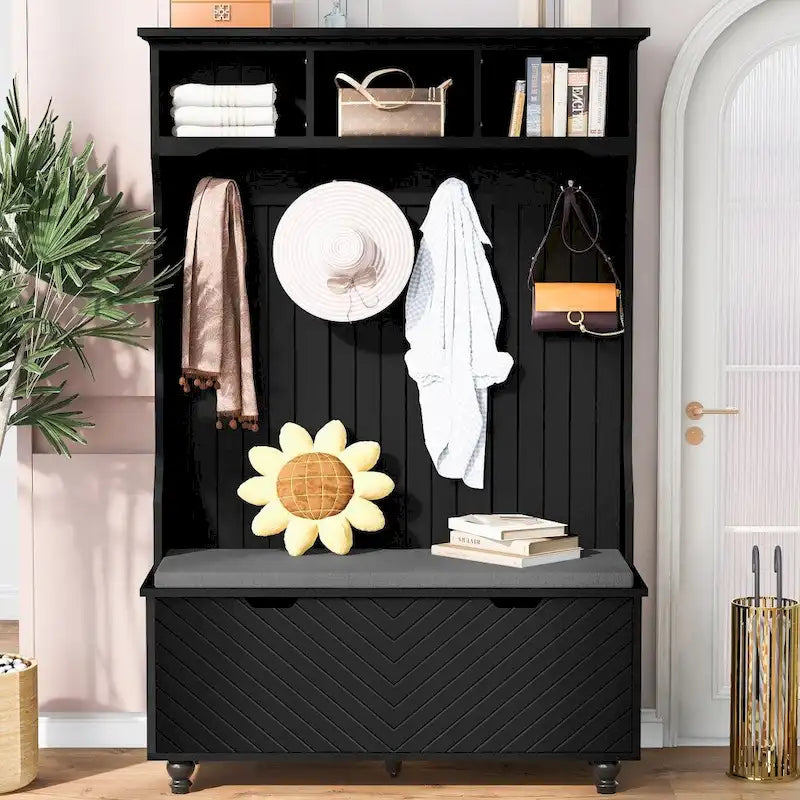 Meuble d'entrée en MDF blanc/noir avec banc capitonné, 4 patères, 3 niches et 2 placards