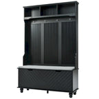 Meuble d'entrée en MDF blanc/noir avec banc capitonné, 4 patères, 3 niches et 2 placards